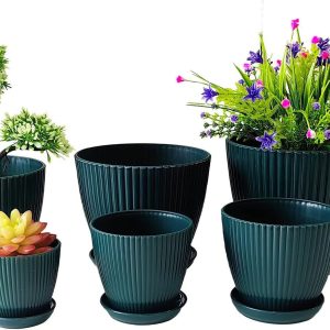 Aitatty Set of 6 Plant Planters with Drainage Holes and Trays - Various Size Plastic Pots for Indoor and Outdoor Flowers, Dark Green