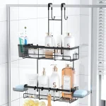 Aitatty Over The Door Shower Caddy: Hanging Stainless Steel Bathroom Organizer, No Drilling Shower Shelves with 2 Soap Holder, 1 Brush Holder, 4 Hooks - Black