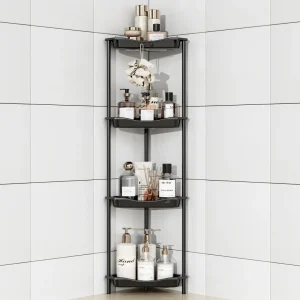 Aitatty 4 Tier Floor Standing Corner Shower Caddy Organizer: Reinforced Plastic Shower Shelves with Extra-Tall Storage for Large Shampoo Bottles, Rustproof Bathroom Corner Shelf Rack with Hooks