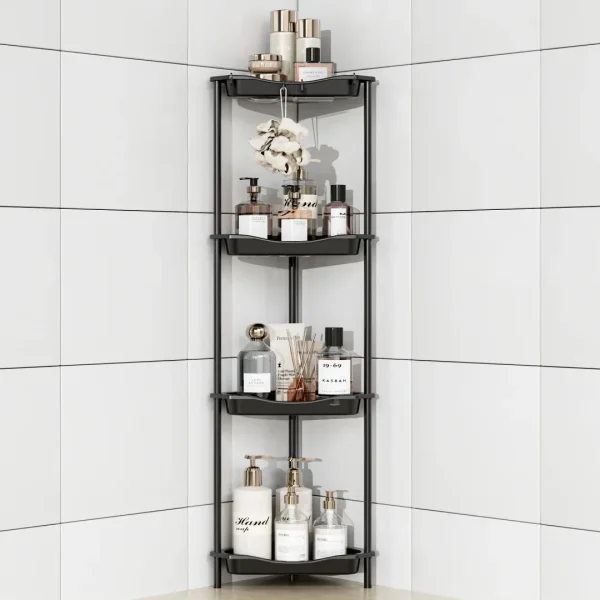 Aitatty 4 Tier Floor Standing Corner Shower Caddy Organizer: Reinforced Plastic Shower Shelves with Extra-Tall Storage for Large Shampoo Bottles, Rustproof Bathroom Corner Shelf Rack with Hooks